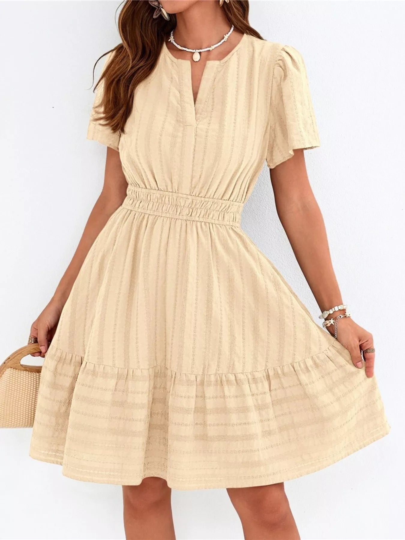 Short Sleeve Smocked Waist Tiered Dress
