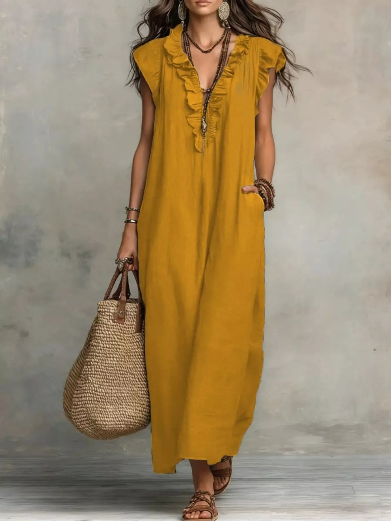 Ruffled V-Neck Maxi Dress