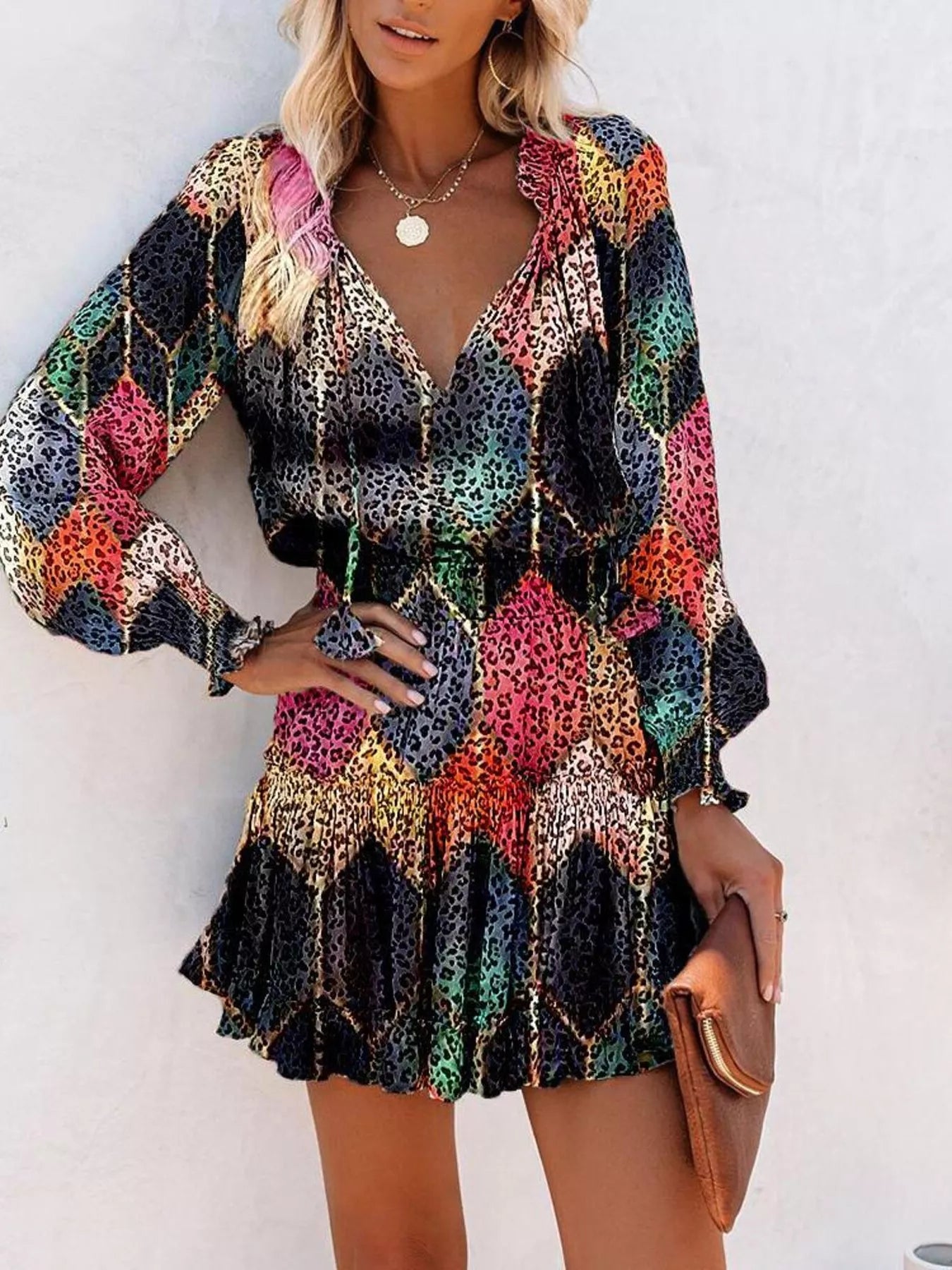 Tie Neck Lantern Sleeve Dress