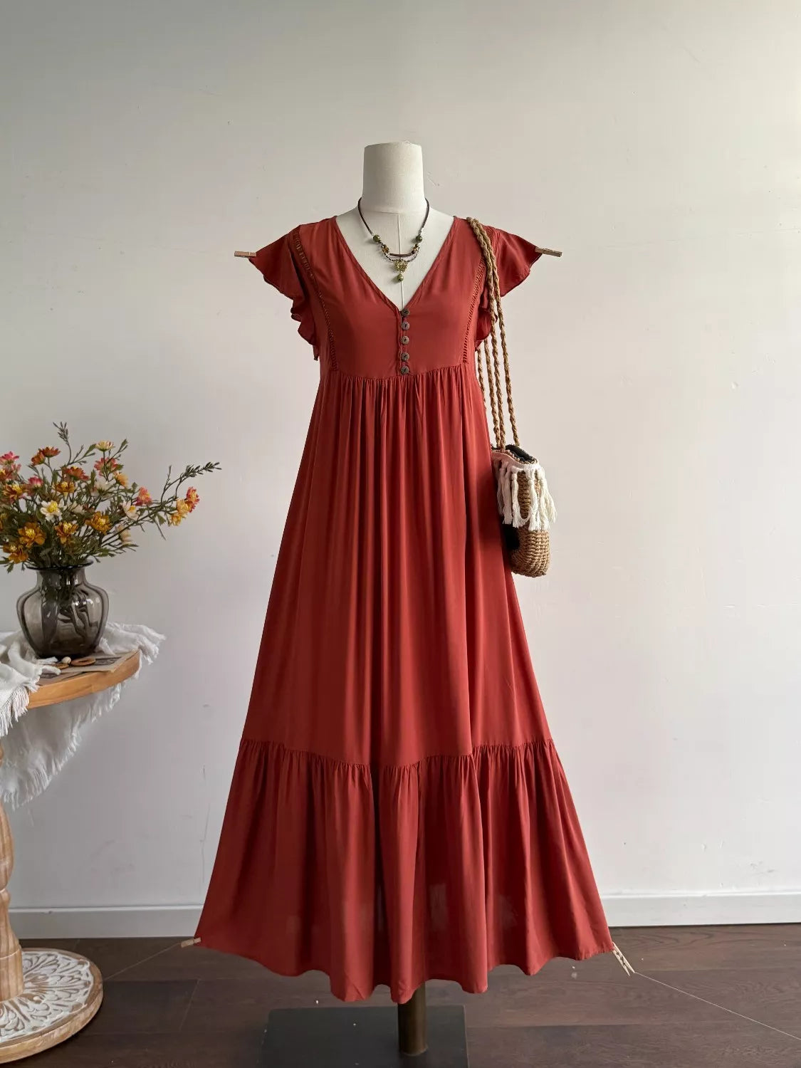 Ruffle Sleeve Maxi Dress with Button Detail