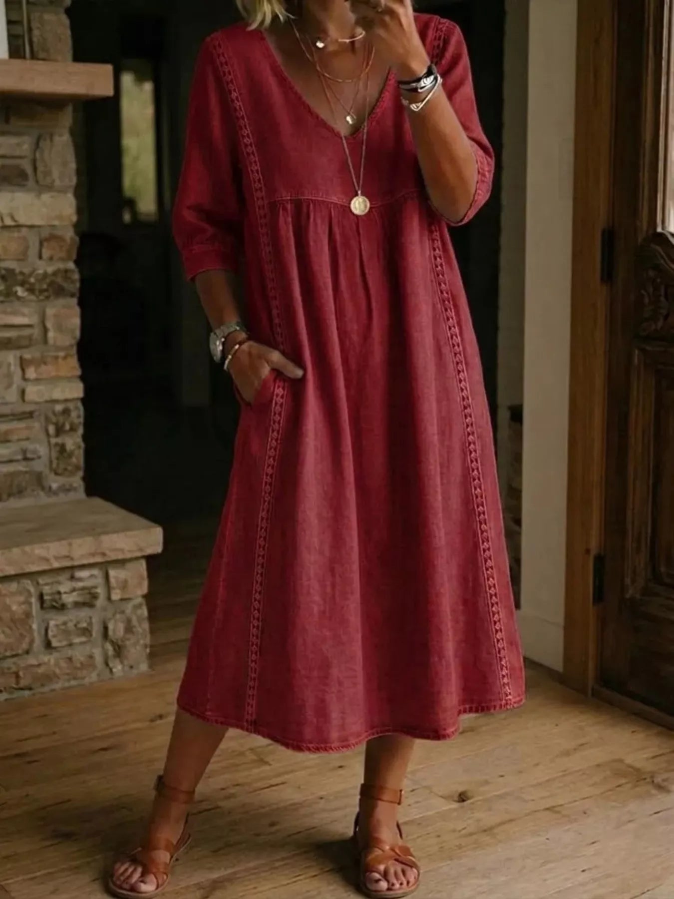 Full Size V-Neck 3/4 Sleeve Midi Dress Plus Size