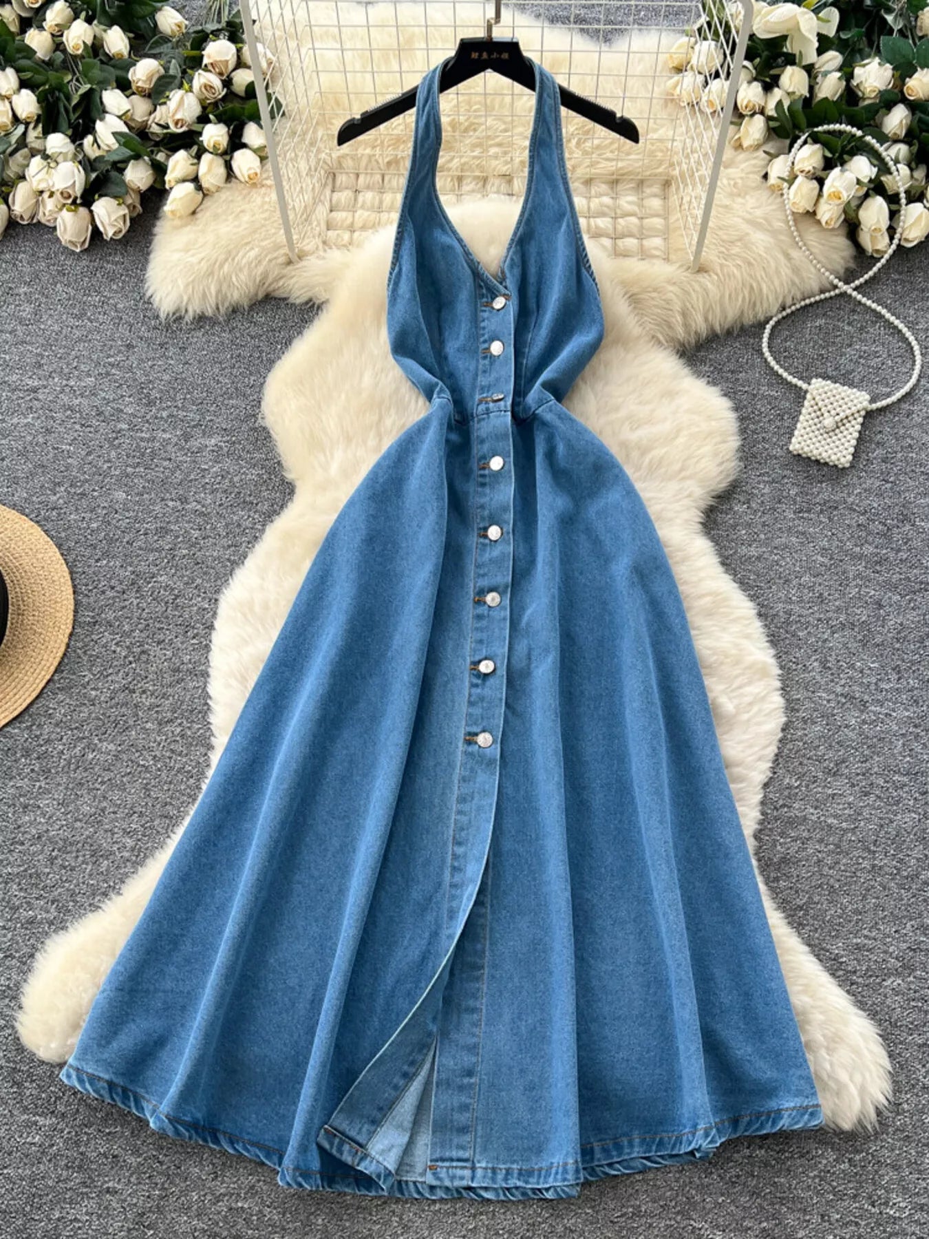 Halter Neck Button-Down Denim Dress