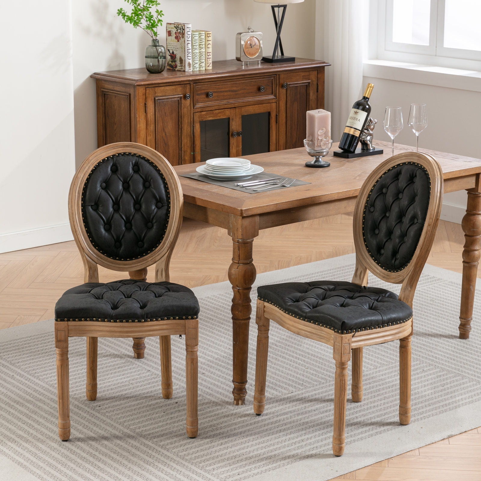 French Style Solid Wood Frame Antique Painting, Hand-Pulled Buckle Decoration Artificial Dining Chair With Nailhead Trim, Wood Legs