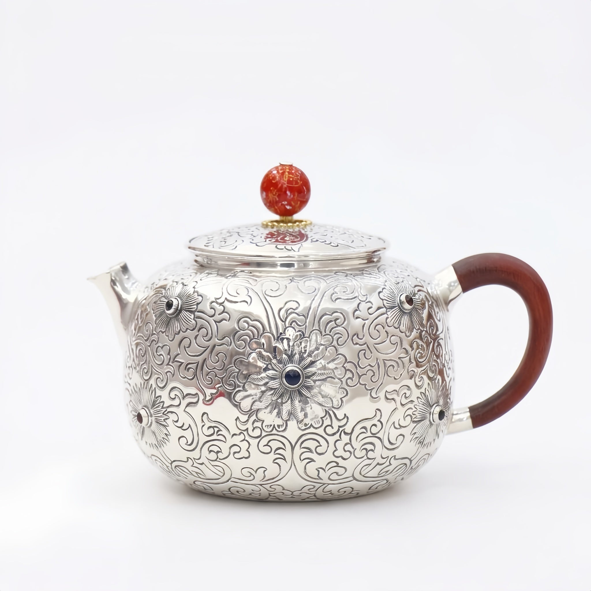 925 Sterling Silver Ornate Hand-Engraved Silver Teapot with Gemstone Accents and Wooden Handle - Handicraft