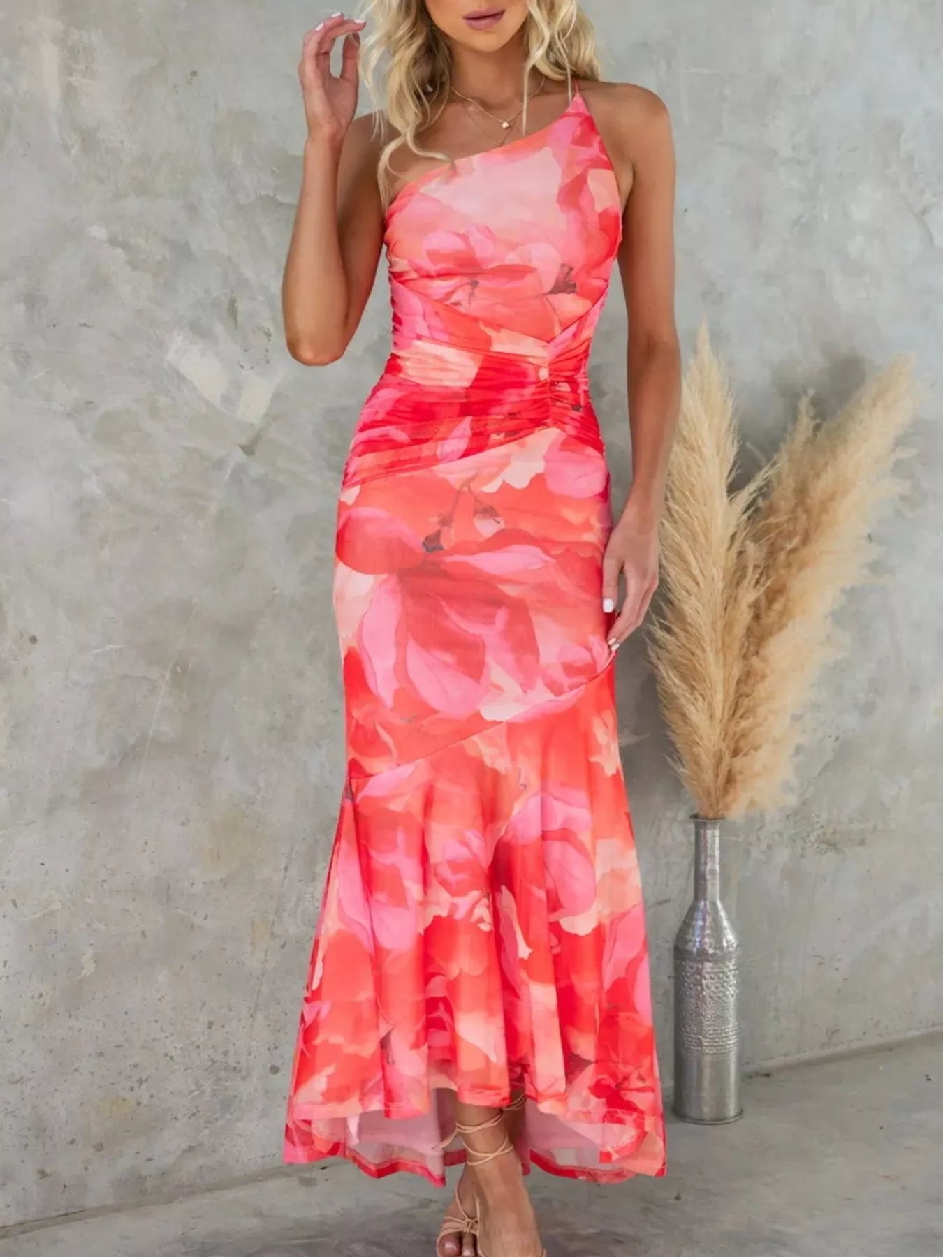 Floral Print One-Shoulder Ruched Maxi Dress