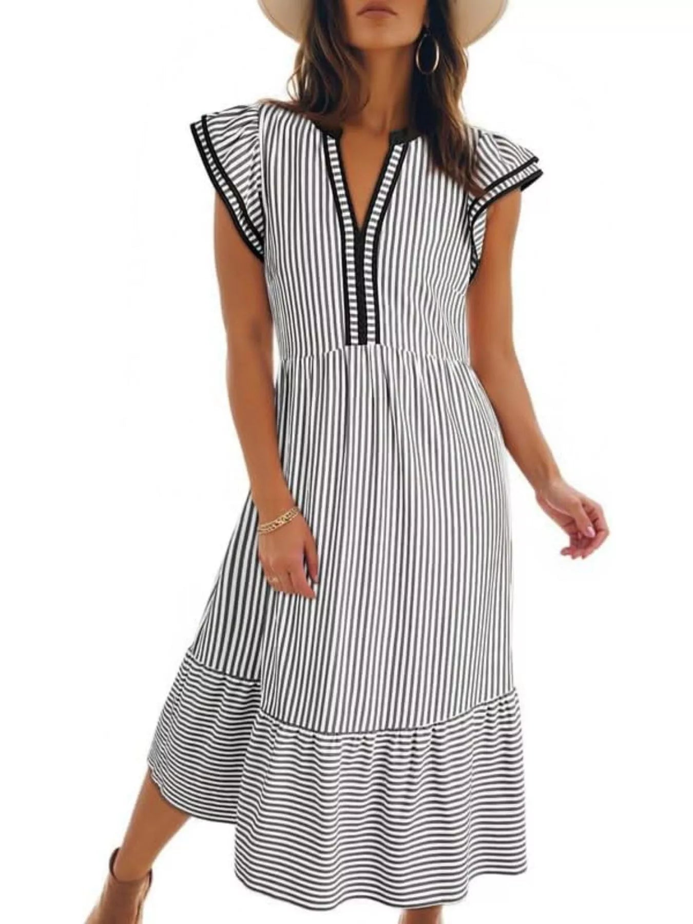 Striped Ruffle Sleeve Midi Dress