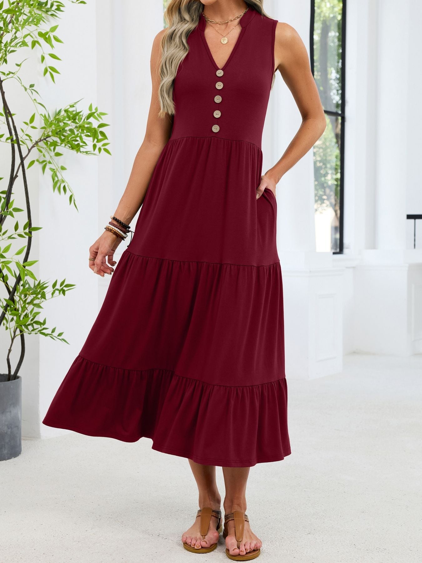 Sleeveless Notched Tiered Midi Dress