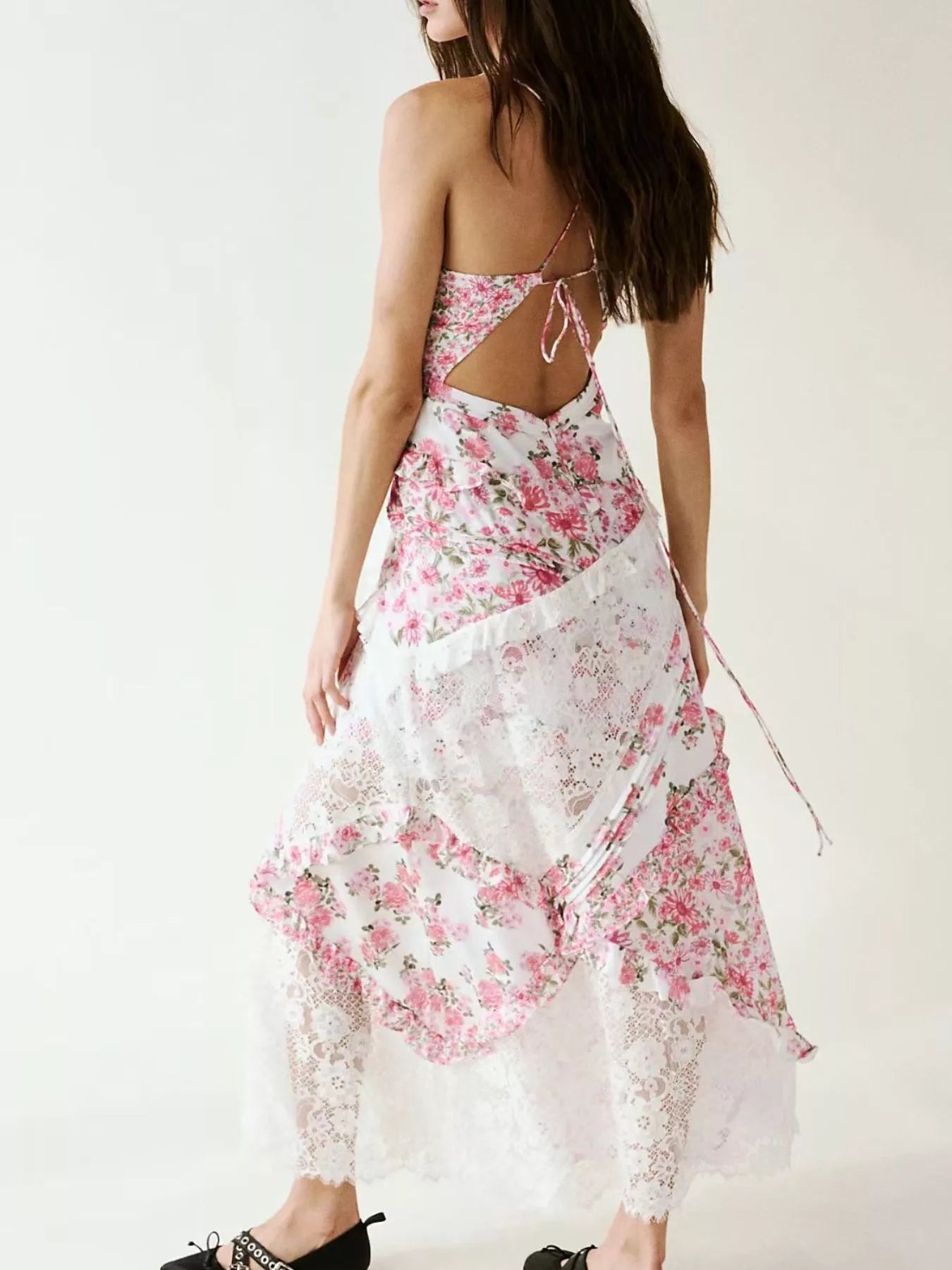 Lace Floral Print Ruffle Trim Maxi Dress