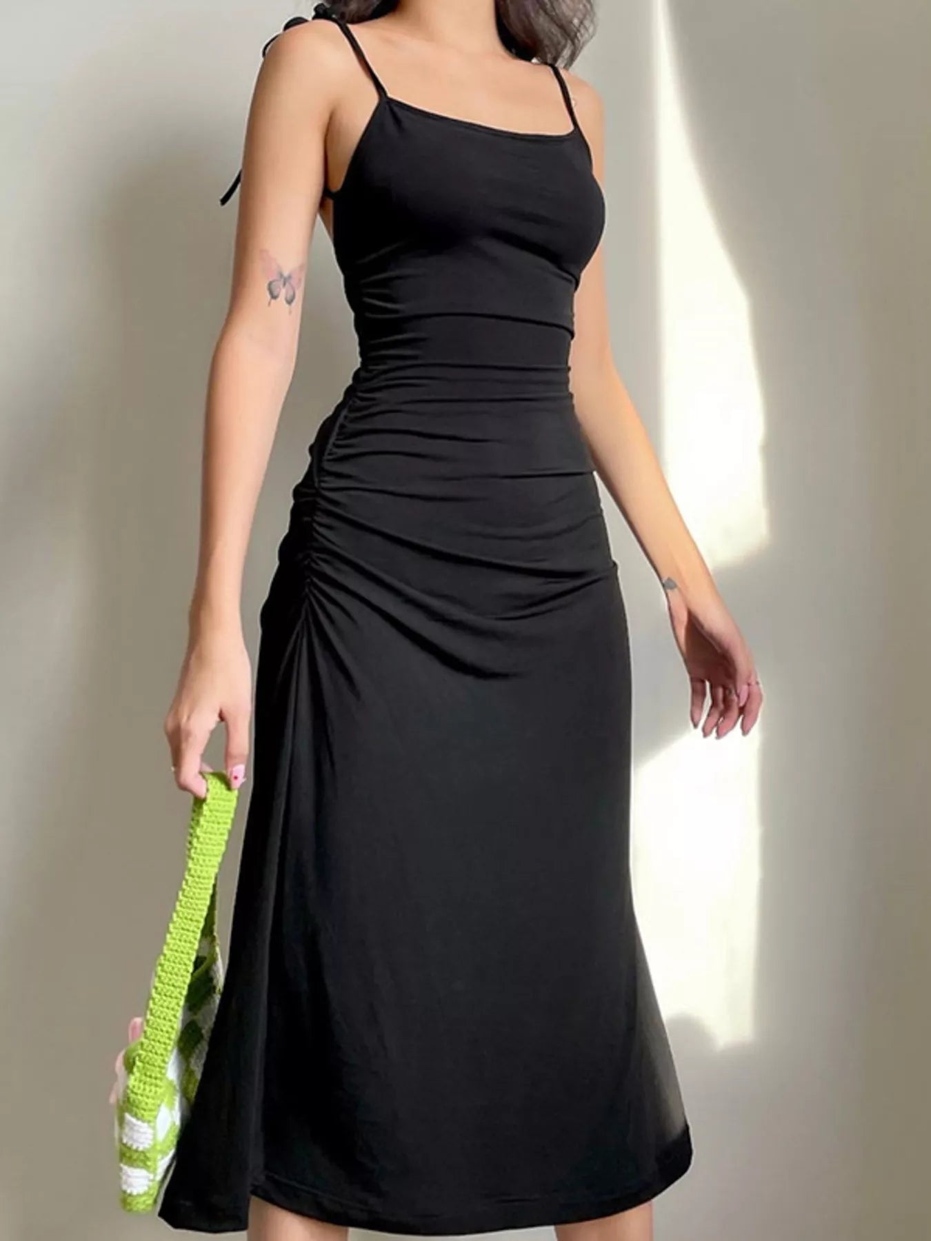Ruched Tie Shoulder Midi Dress