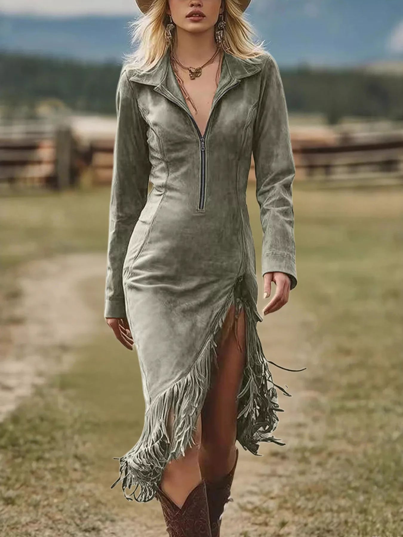 Full Size Fringe Hem Zip Front Bodycon Dress Plus Size
