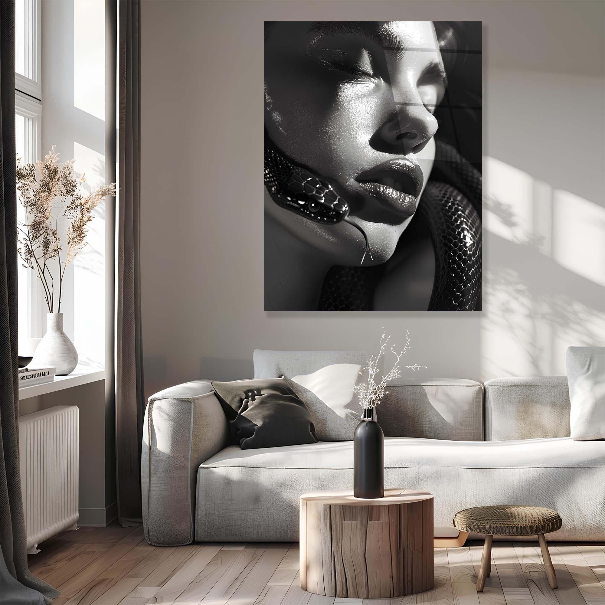 Surreal Woman and Snake Tempered Glass Art | Dark Art Wall Decor