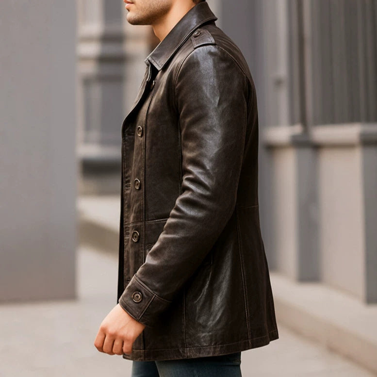 Mens Lapel-collar Double-breasted Slim-fit Leather Jacket