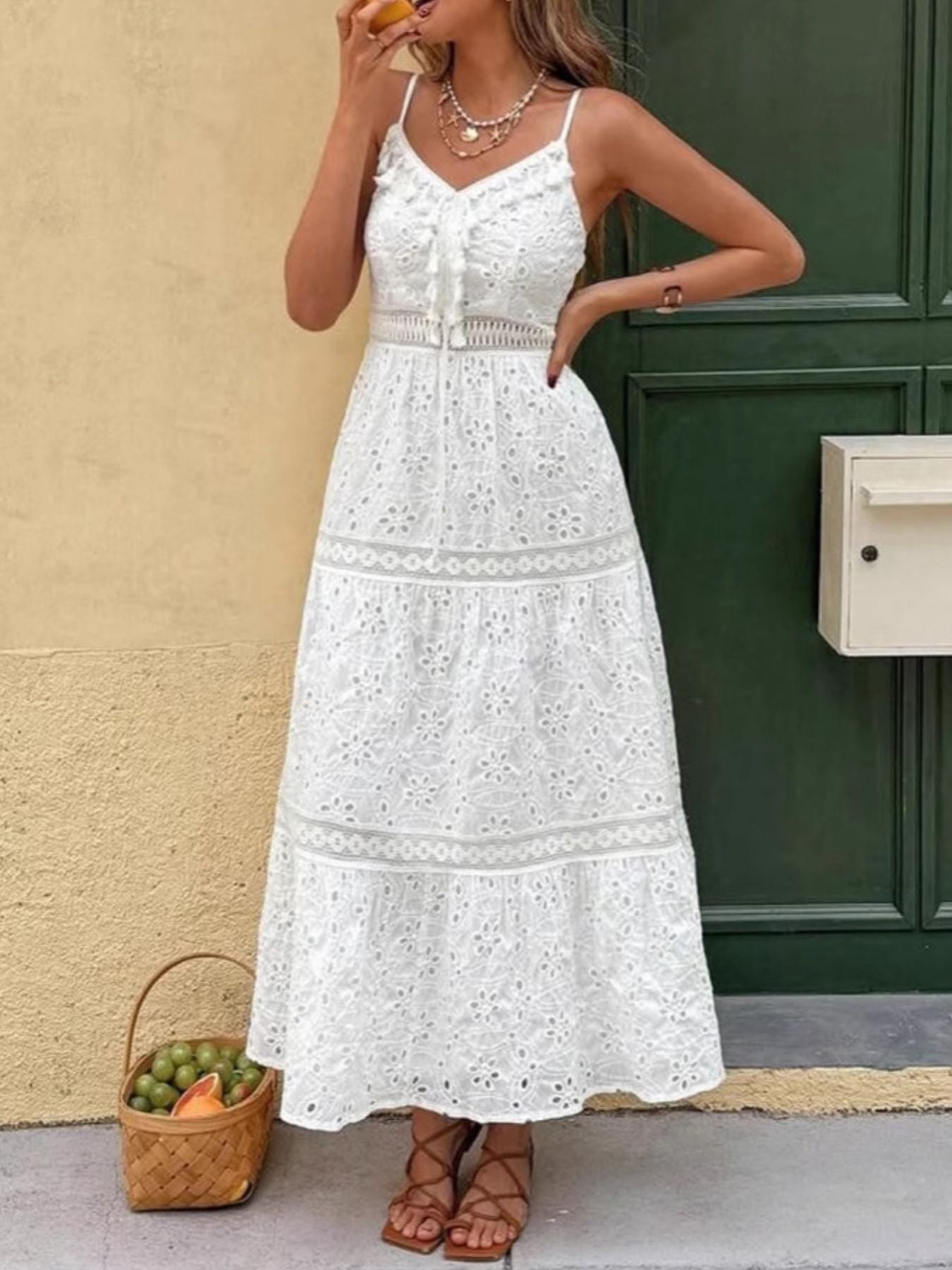 Eyelet Embroidered Cami Dress with Tassel Detail