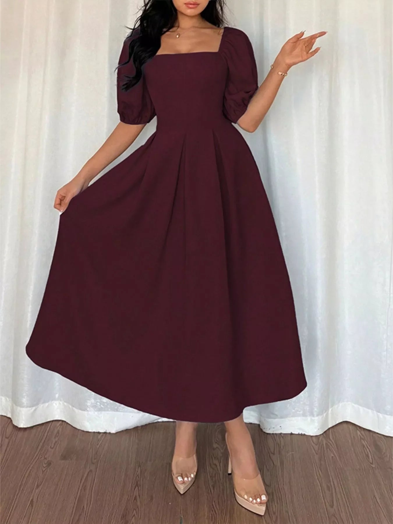 Square Neck Flutter Sleeve Midi Dress