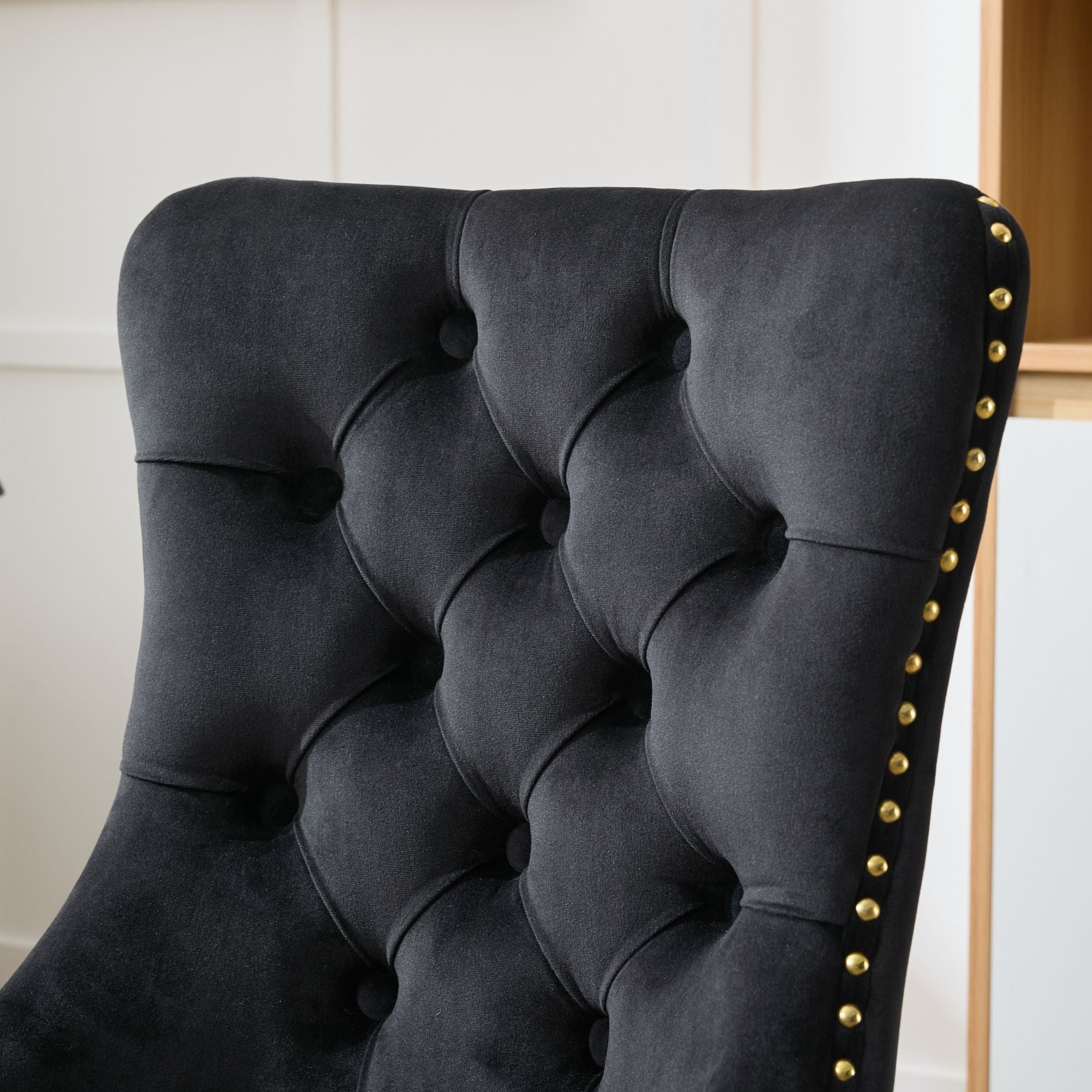 Swivel Office Chair Velvet Black Tufted Button Gold Metal Base 24.8x38.6 In