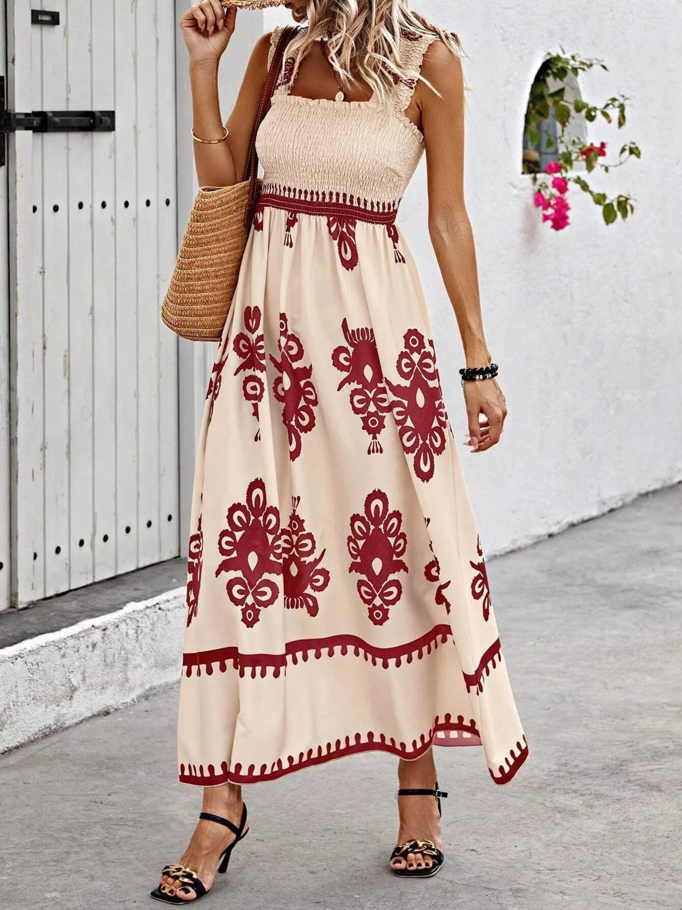 Smocked Printed Square Neck Maxi Dress
