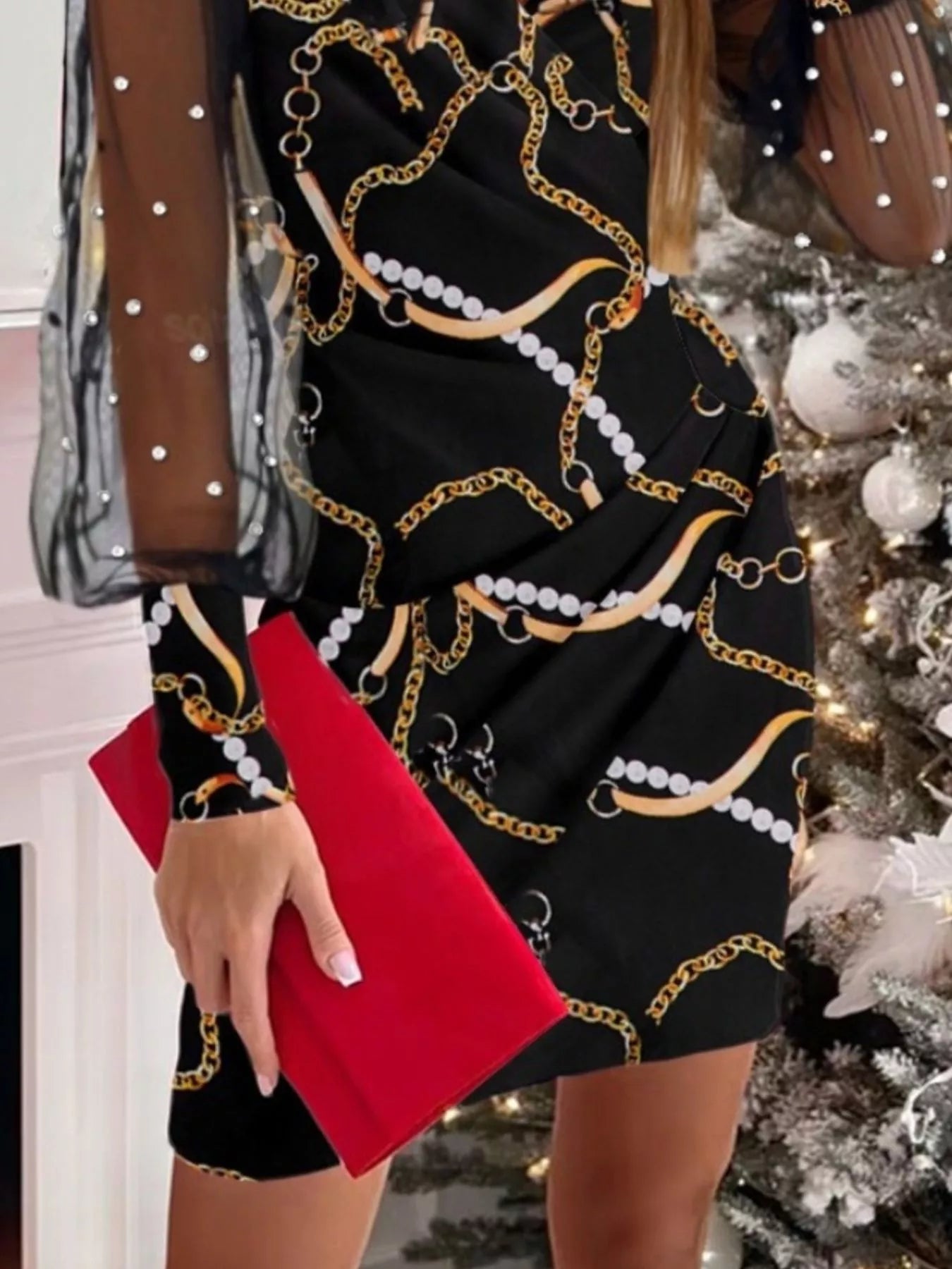 Floral Applique Mesh Sleeve Bodycon Dress