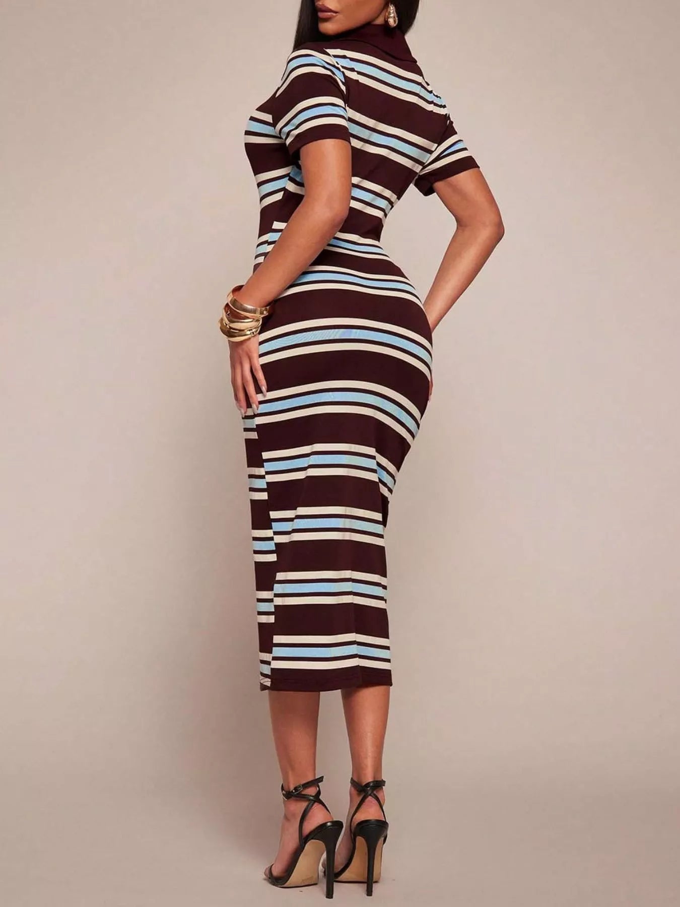 Striped Polo Collar Midi Dress