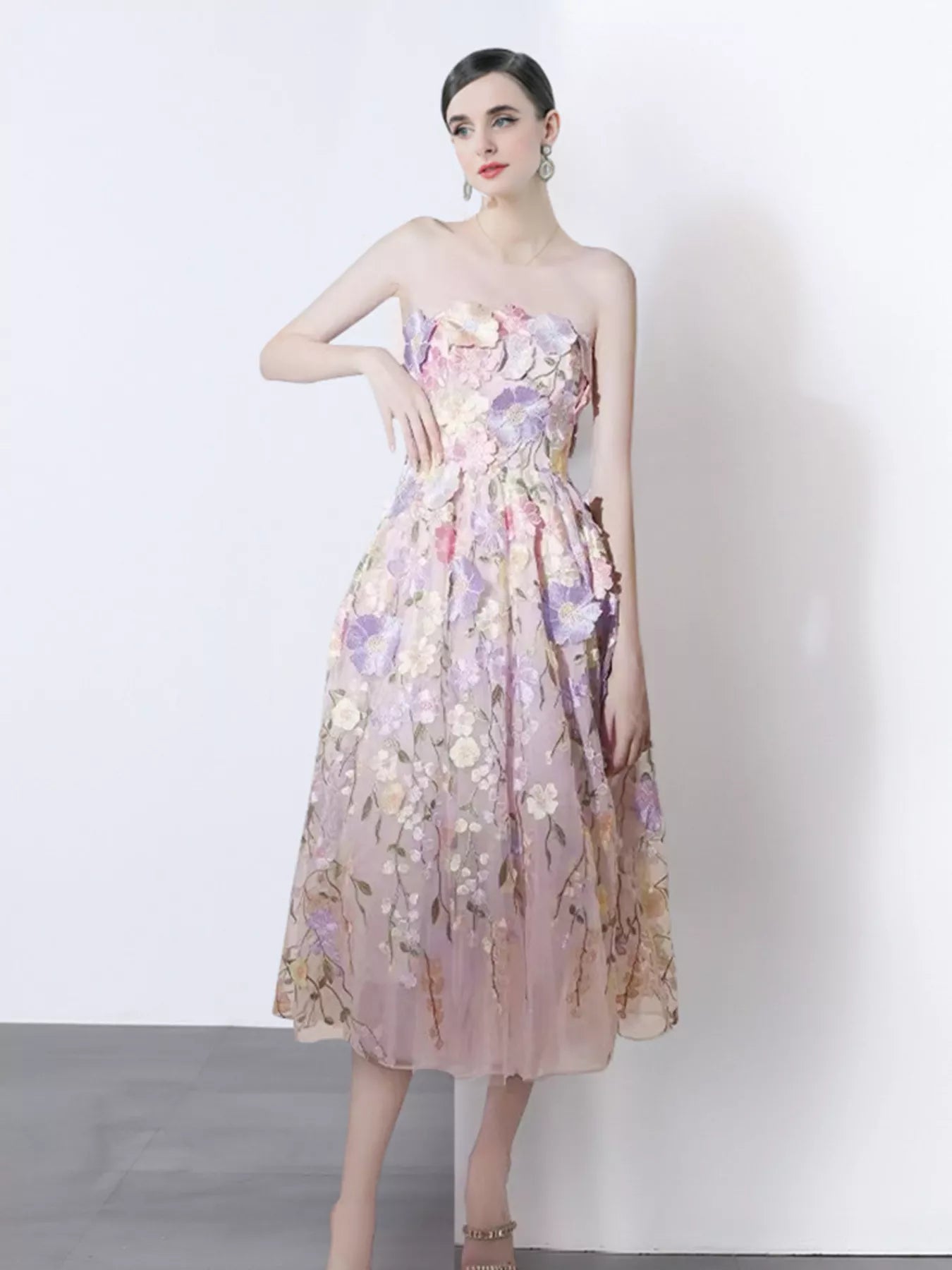 Strapless Floral Applique Midi Dress