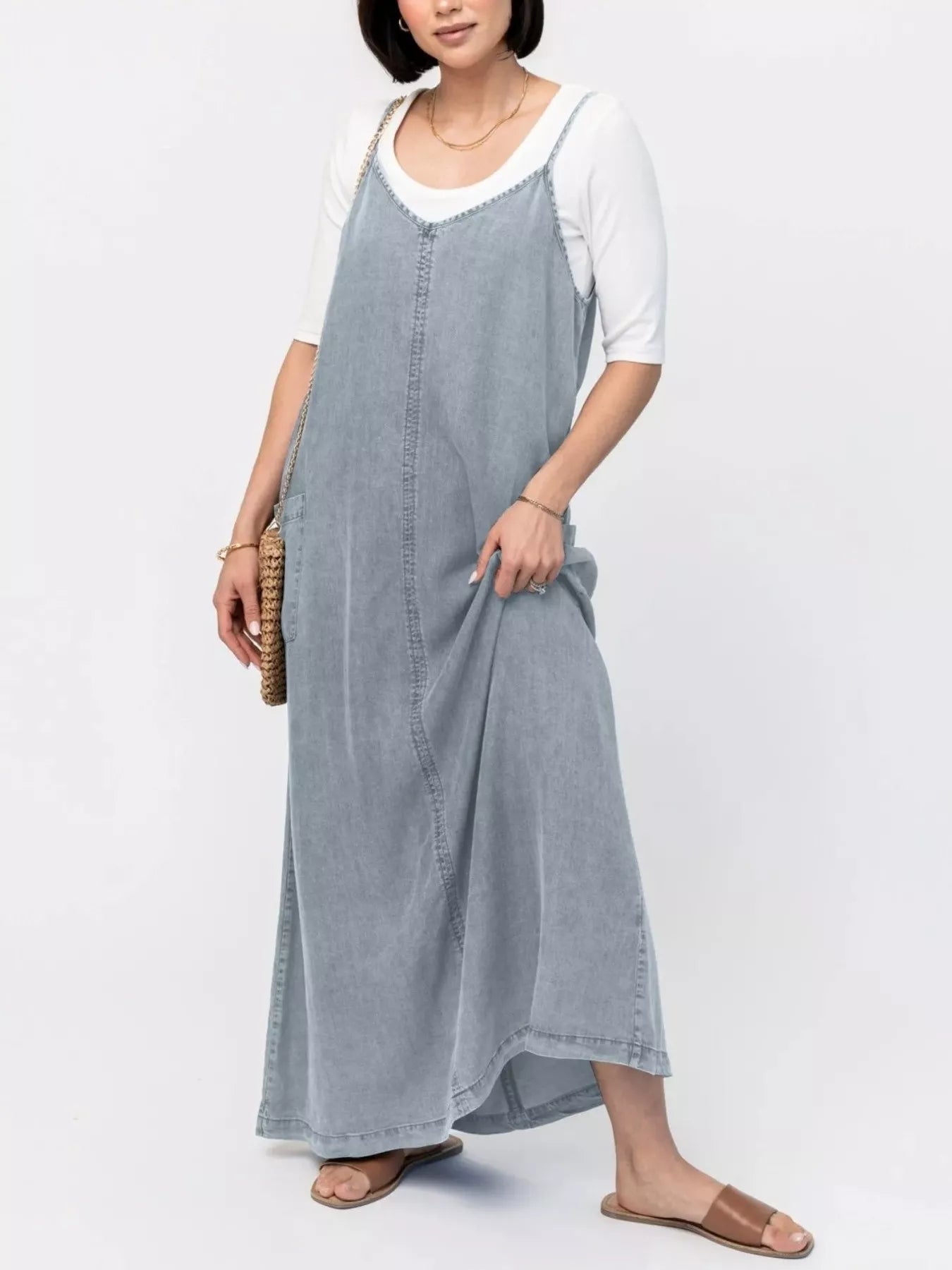 Casual Washed Denim Cami Maxi Dress