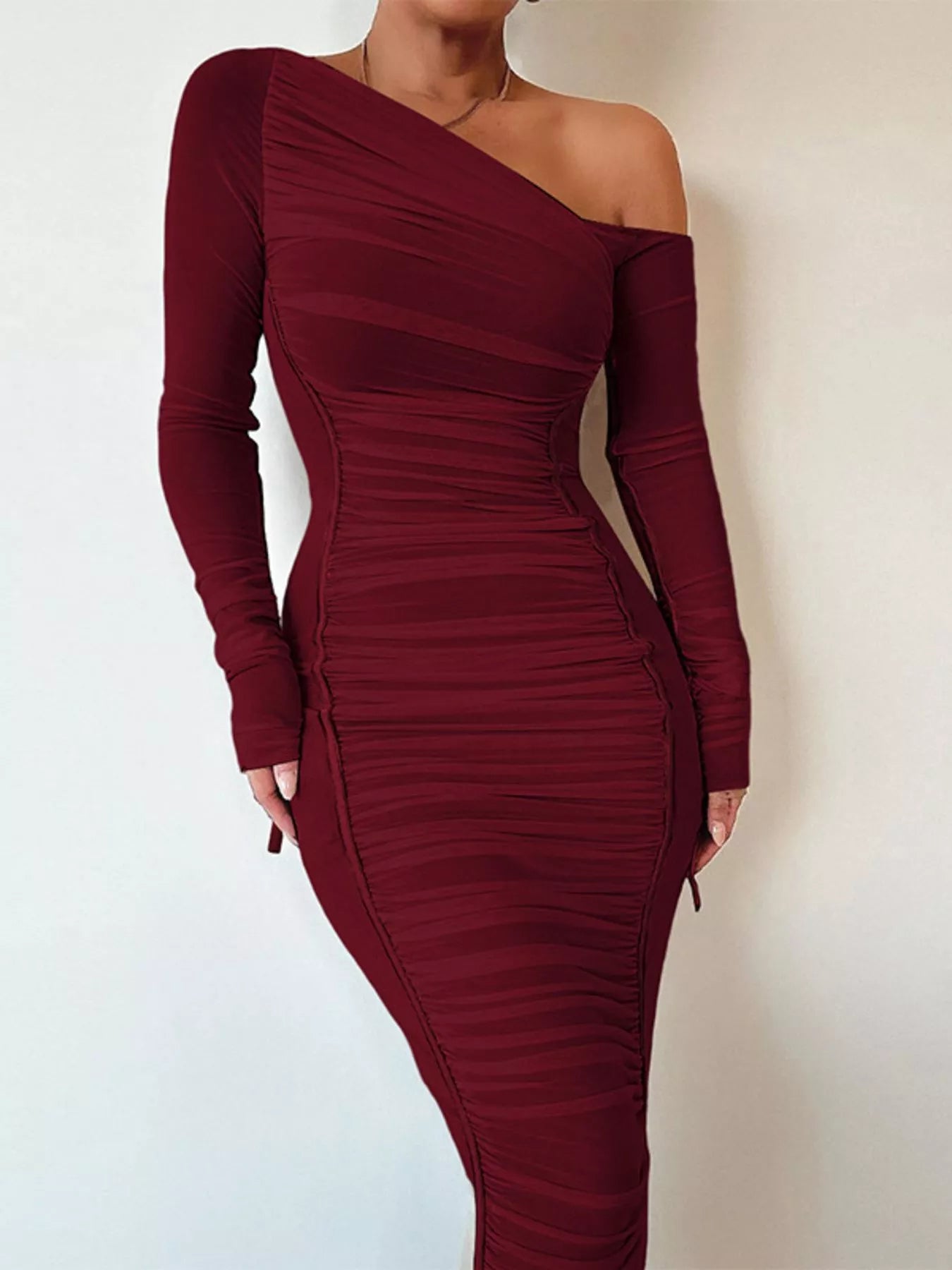 One-Shoulder Ruched Bodycon Midi Dress