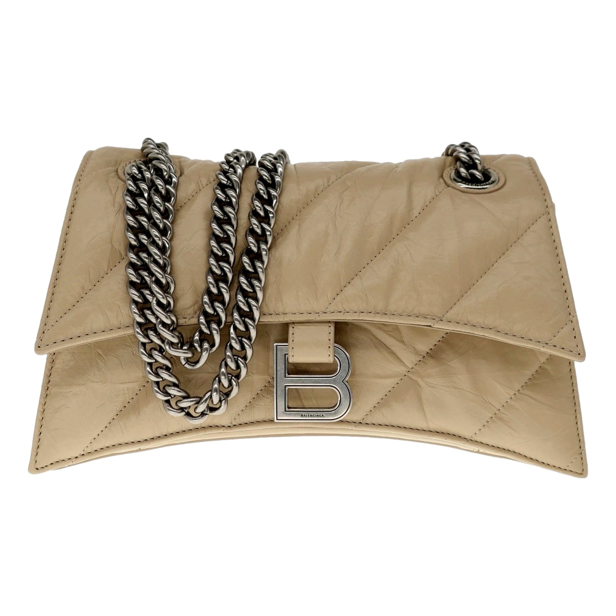 Balenciaga Crush Quilted Leather Chain Shoulder Bag Taupe Silver Hardware