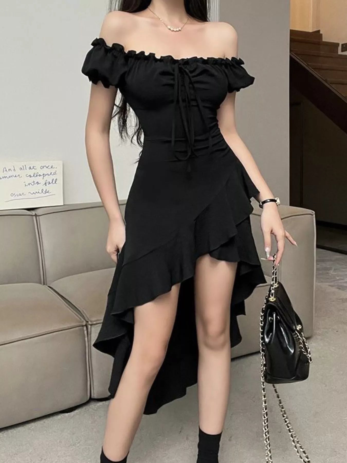 Off-Shoulder Ruffle Hem High-Low Dress