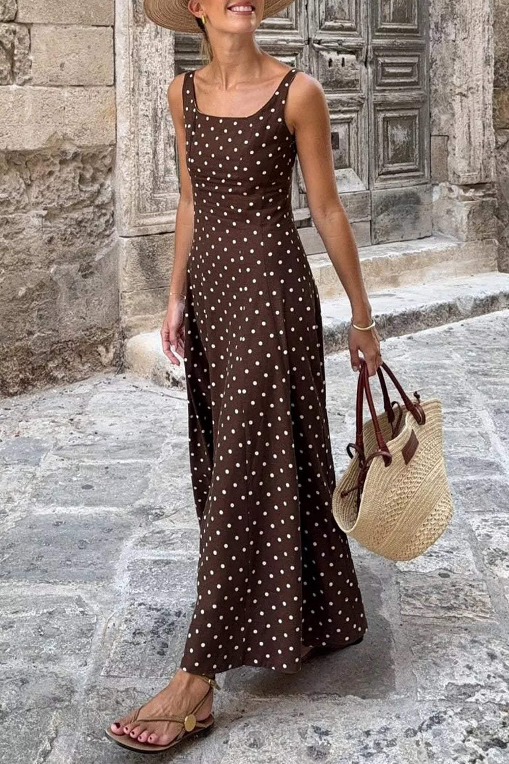 Polka Dot Print Square Neck Sleeveless Vacation Maxi Dress