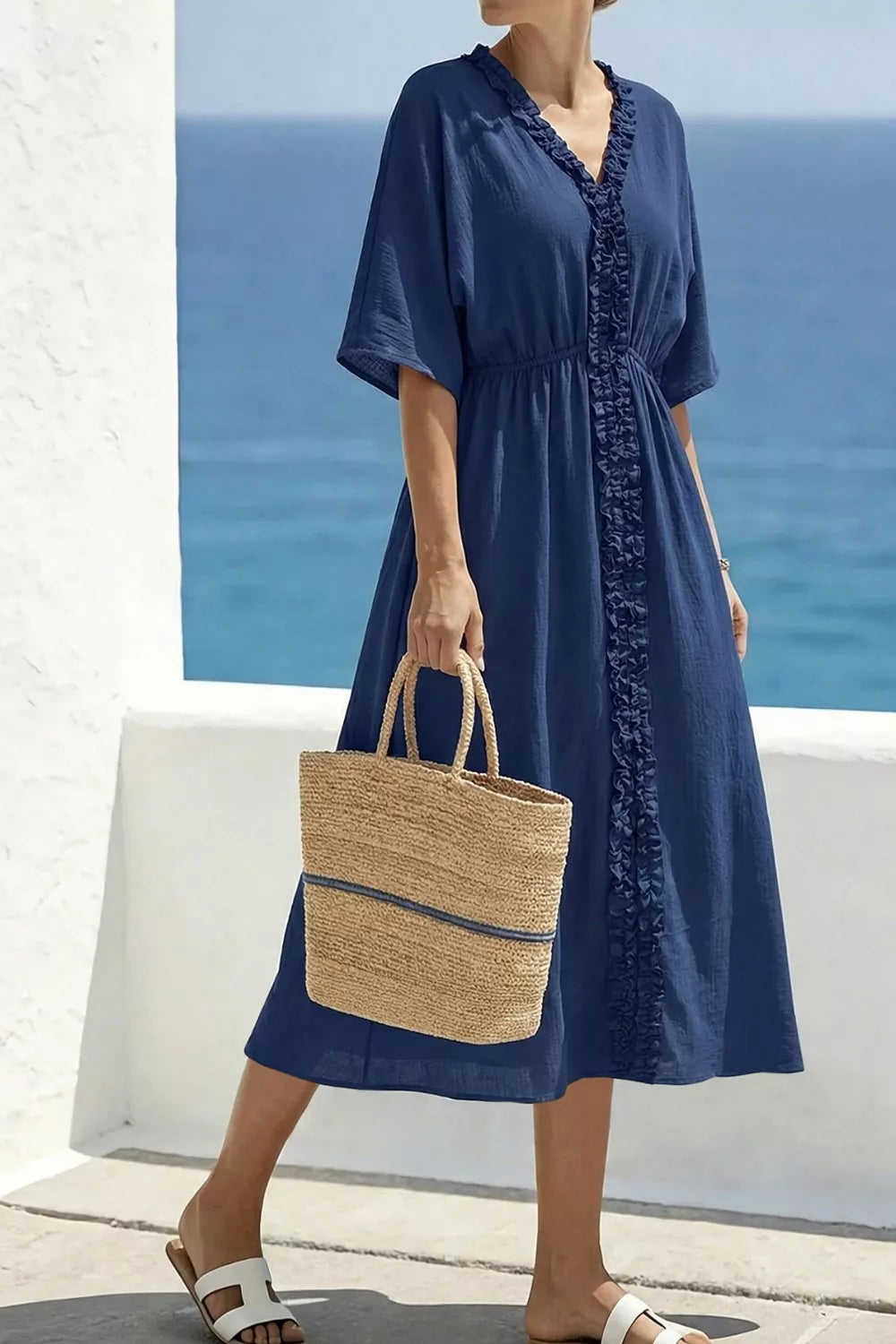 Frill V-Neck Half Sleeve Midi Dress