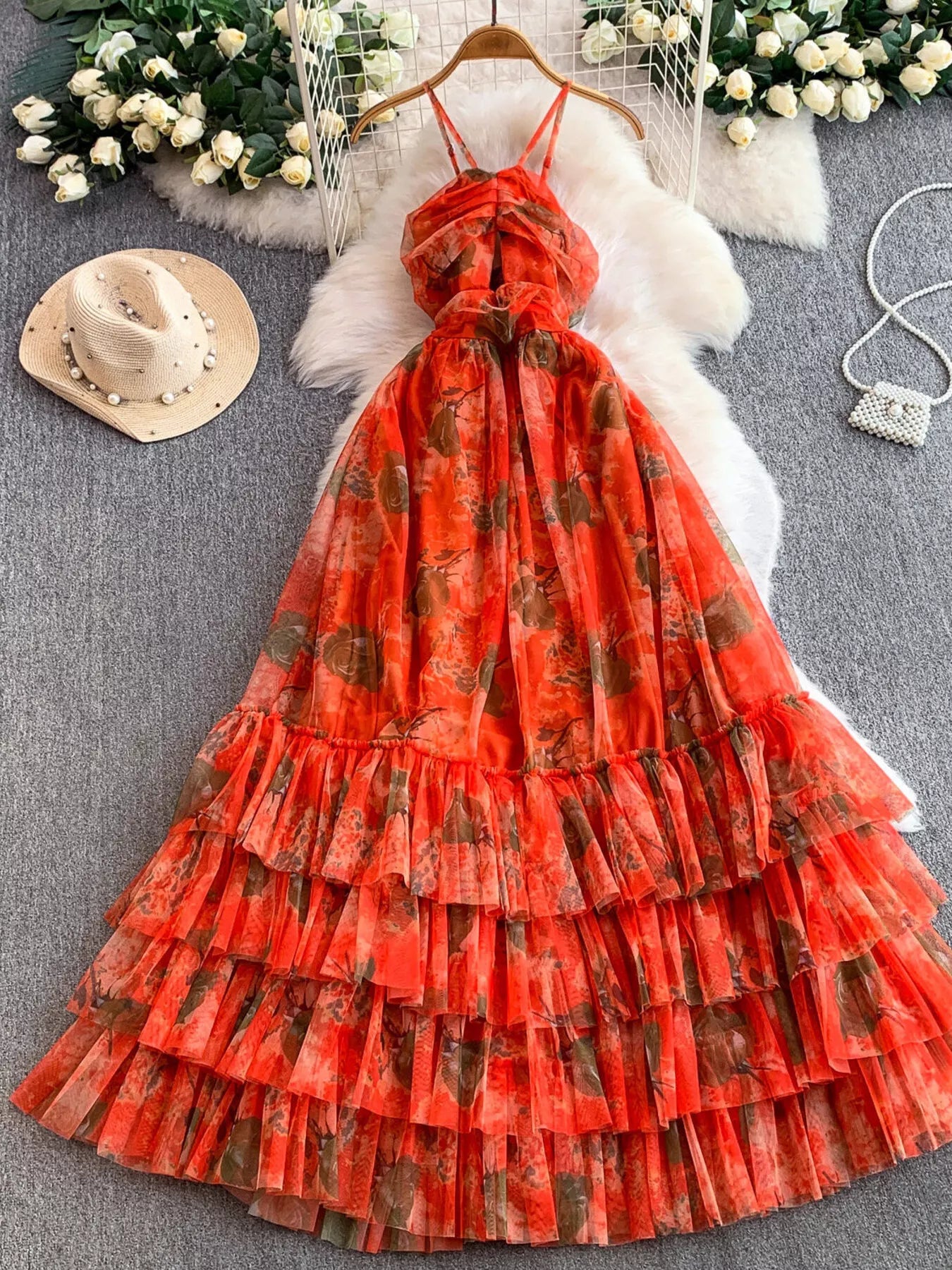 Floral Print Ruffled Layered Mesh Dress