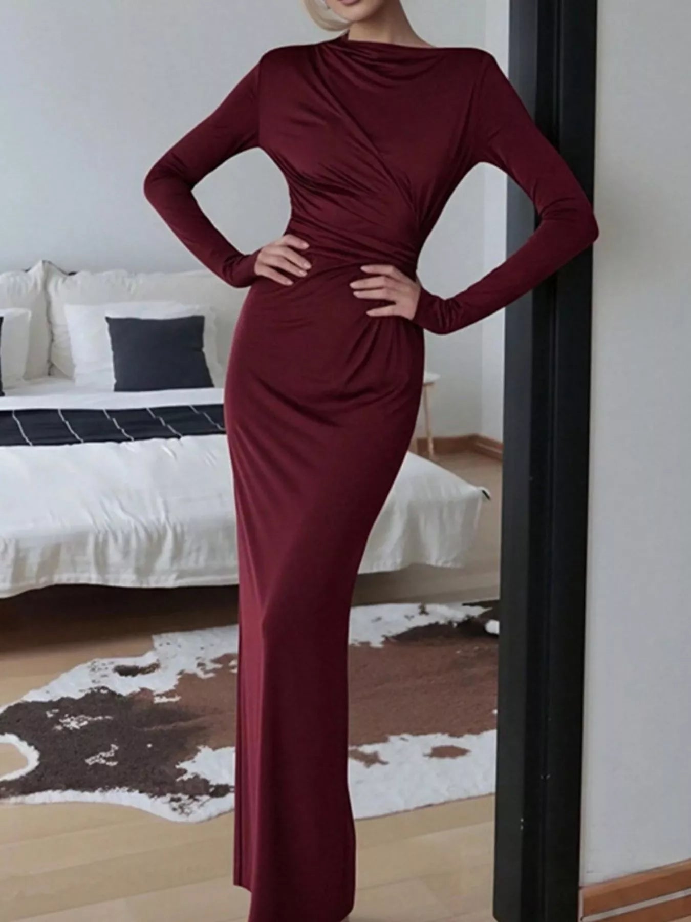 Ruched Long Sleeve Bodycon Maxi Dress