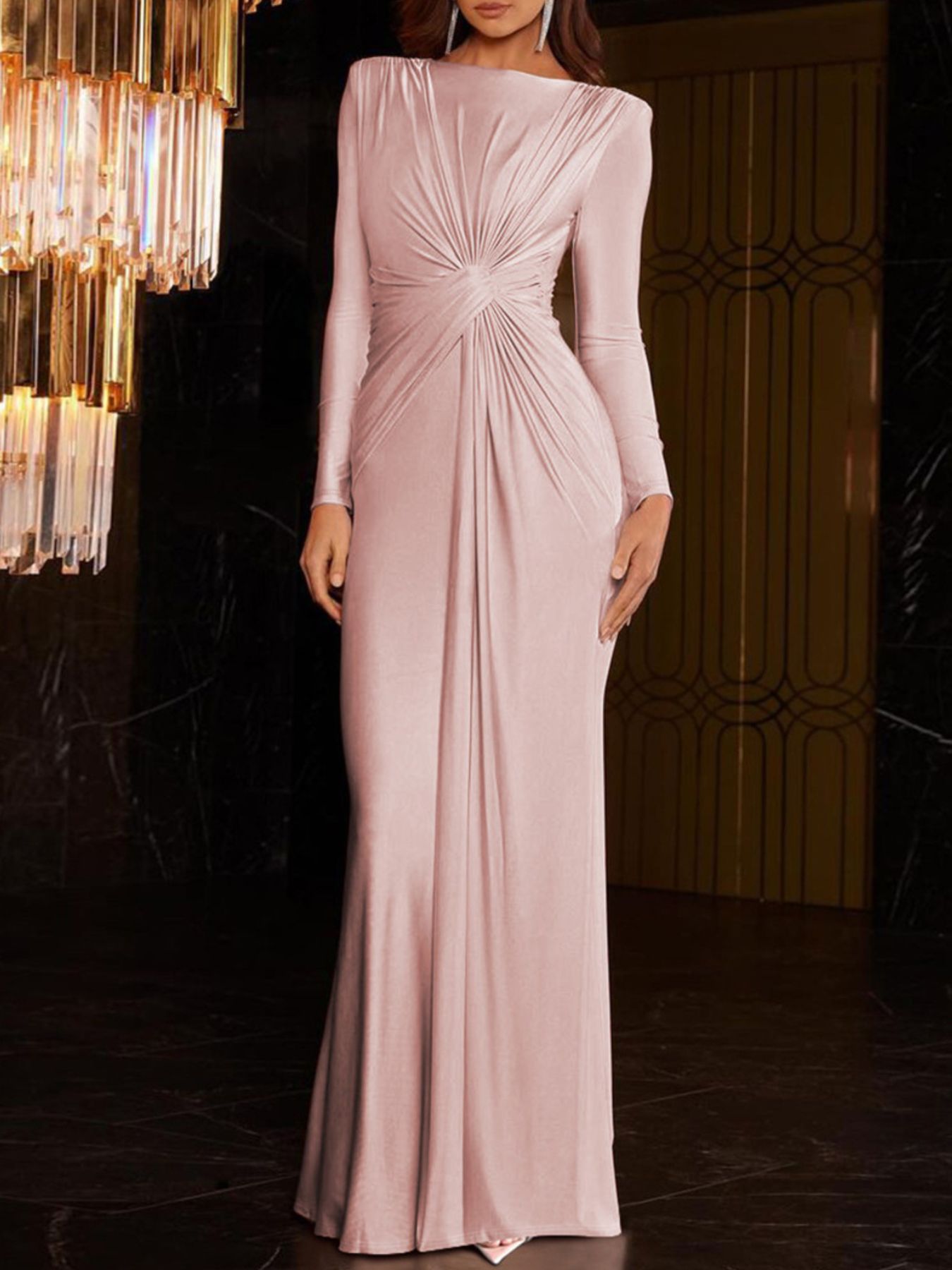 Ruched Knot Front Long Sleeve Maxi Dress