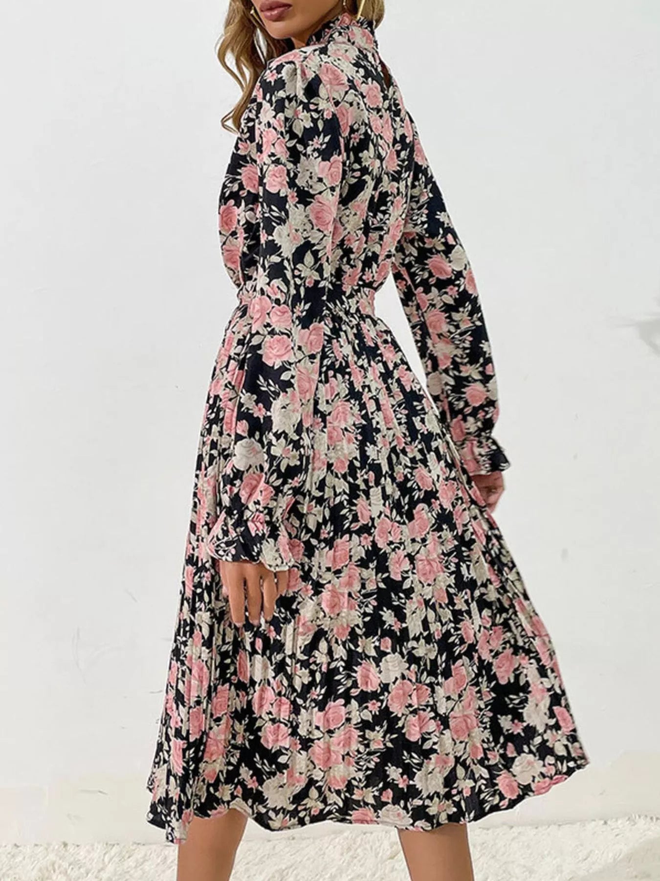 Floral Print Long Sleeve Pleated Midi Dress