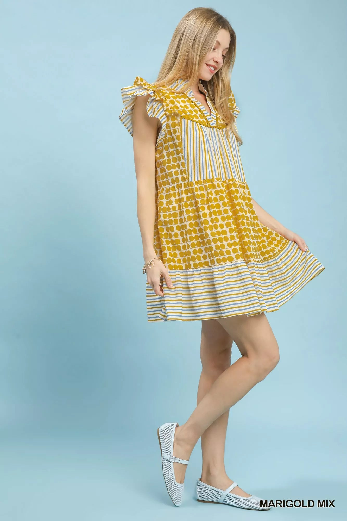 Umgee Mix Patchwork Flutter Sleeve Tiered Dress
