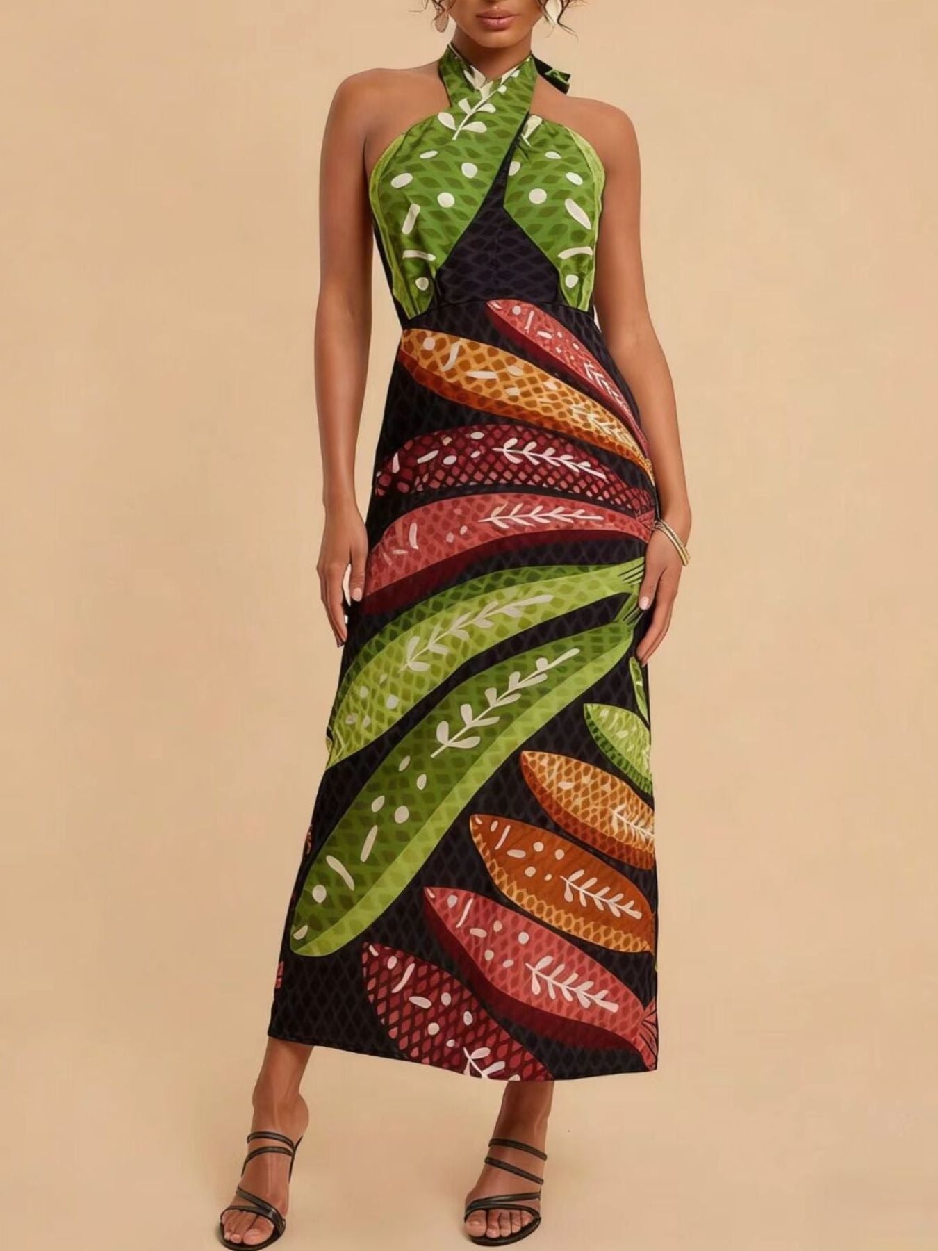 Tropical Print Halter Neck Midi Dress