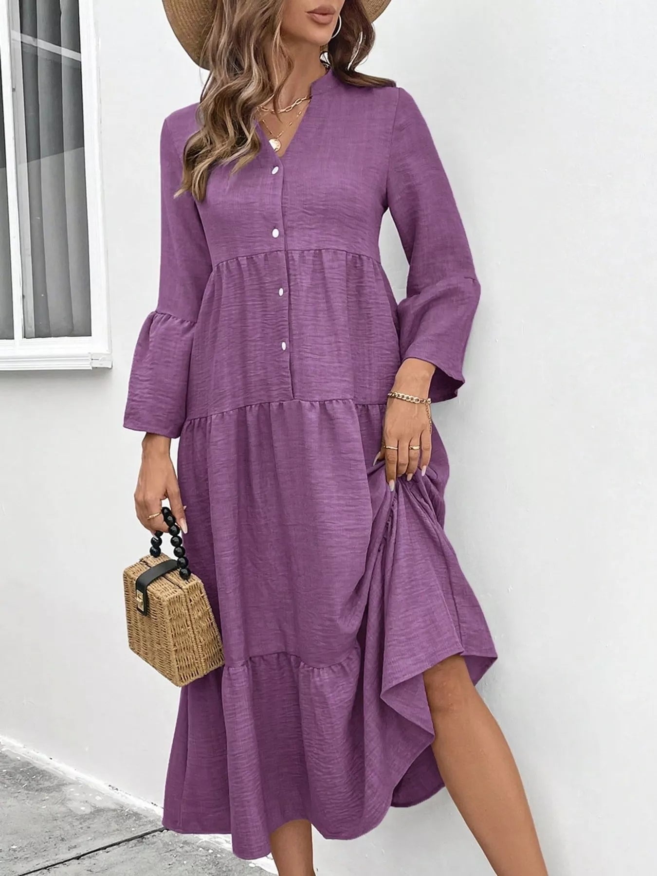 Ruffle Hem Button Front Tiered Dress