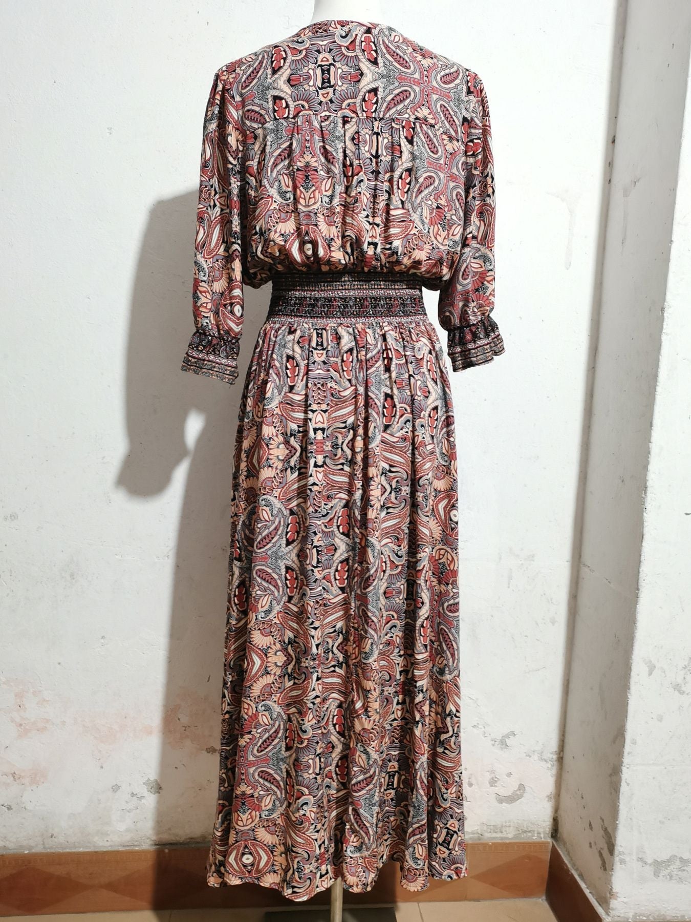 Paisley Print Half Sleeve Slit Midi Dress