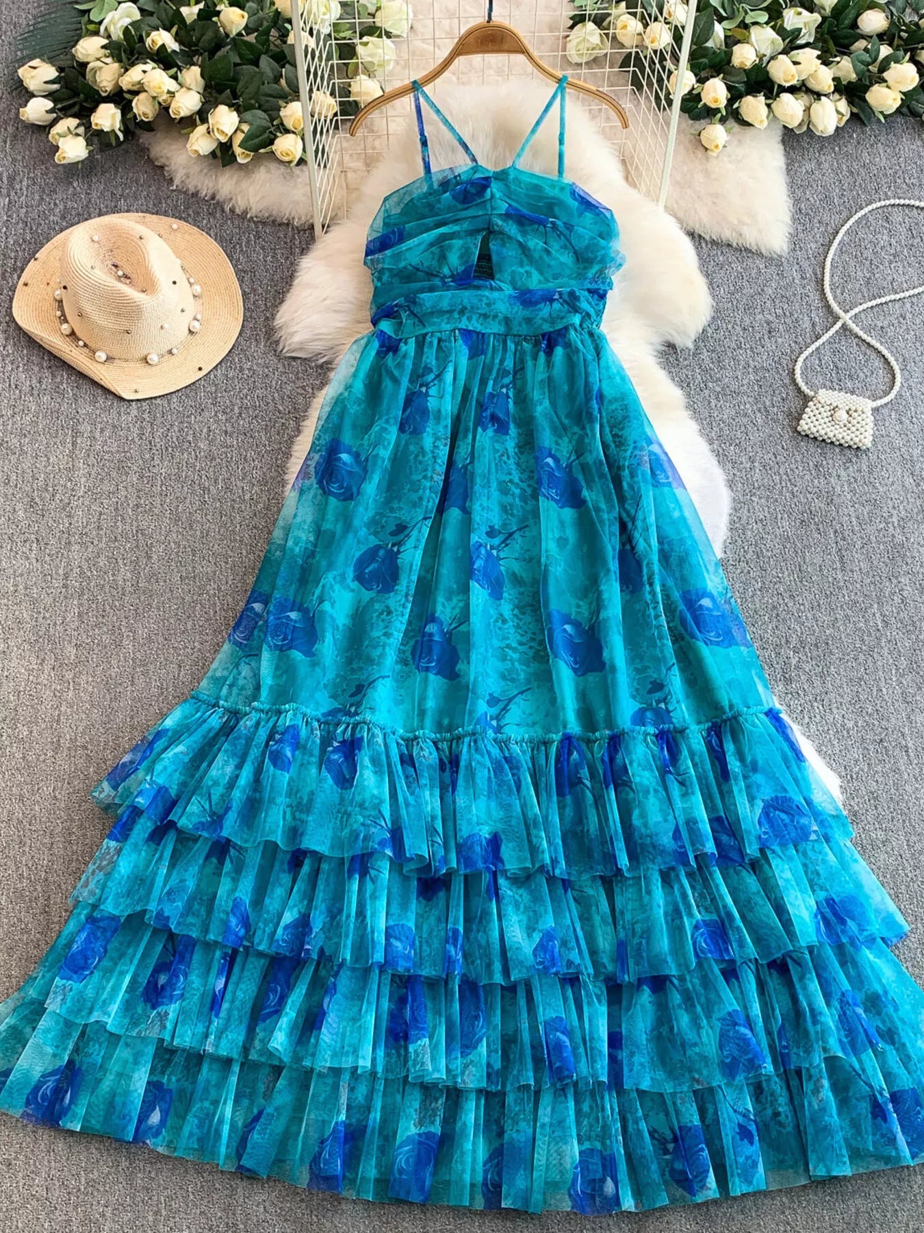 Floral Print Ruffled Layered Mesh Dress