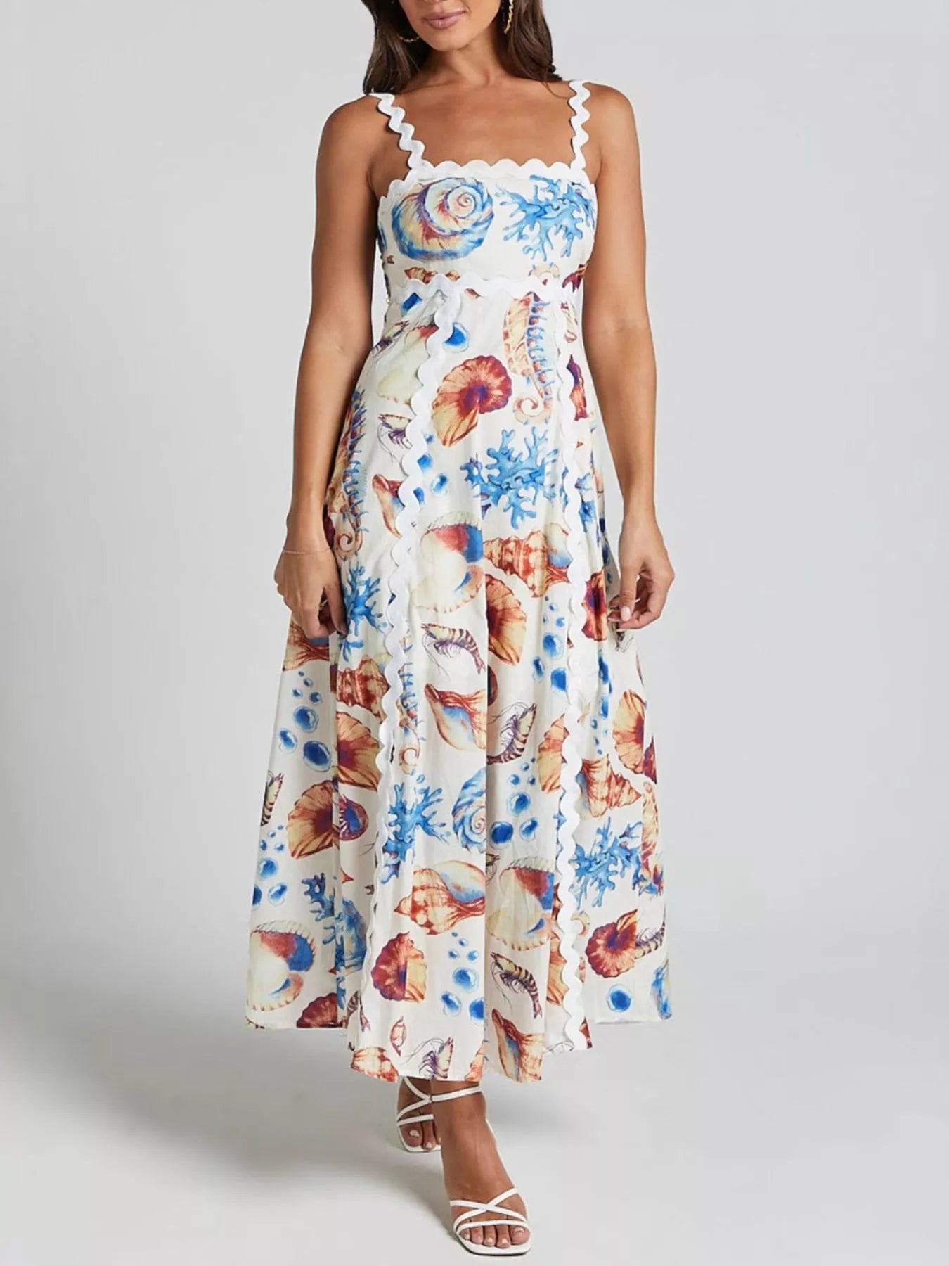Seashell Print Scalloped Midi Dress