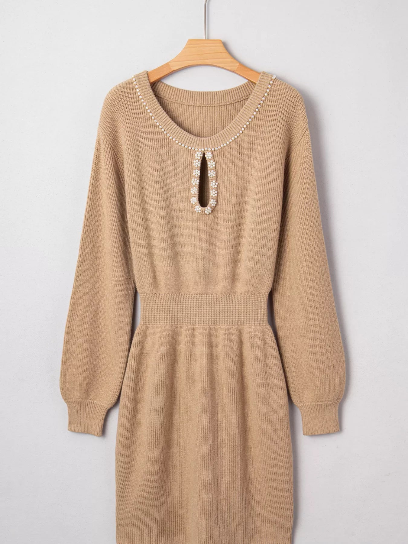 Pearl Embellished Keyhole Ribbed Sweater Dress
