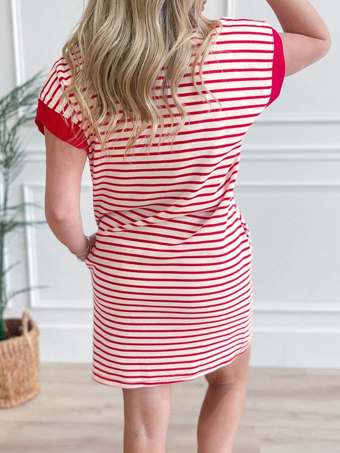 Stripe Quarter Zip Polo Collar T Shirt Dress with Pockets