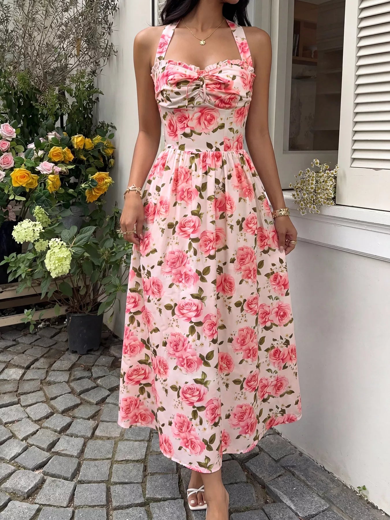 Floral Print Halter Neck Midi Dress
