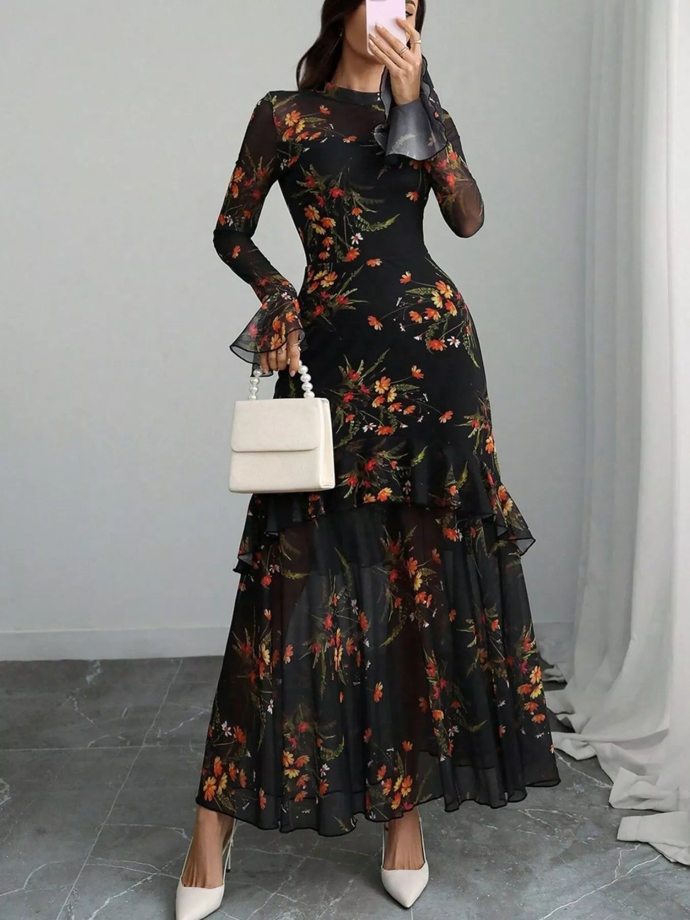 Floral Print Flounce Sleeve Mermaid Maxi Dress