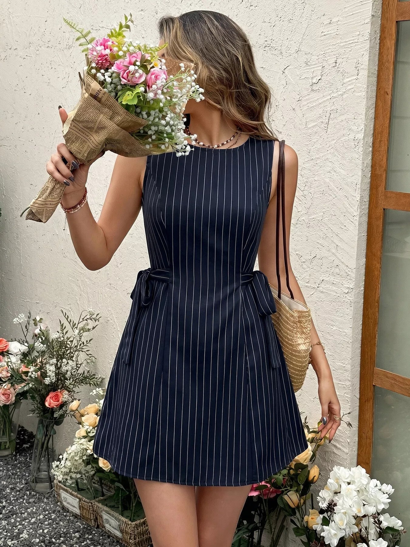 Striped Sleeveless Tie Waist Dress