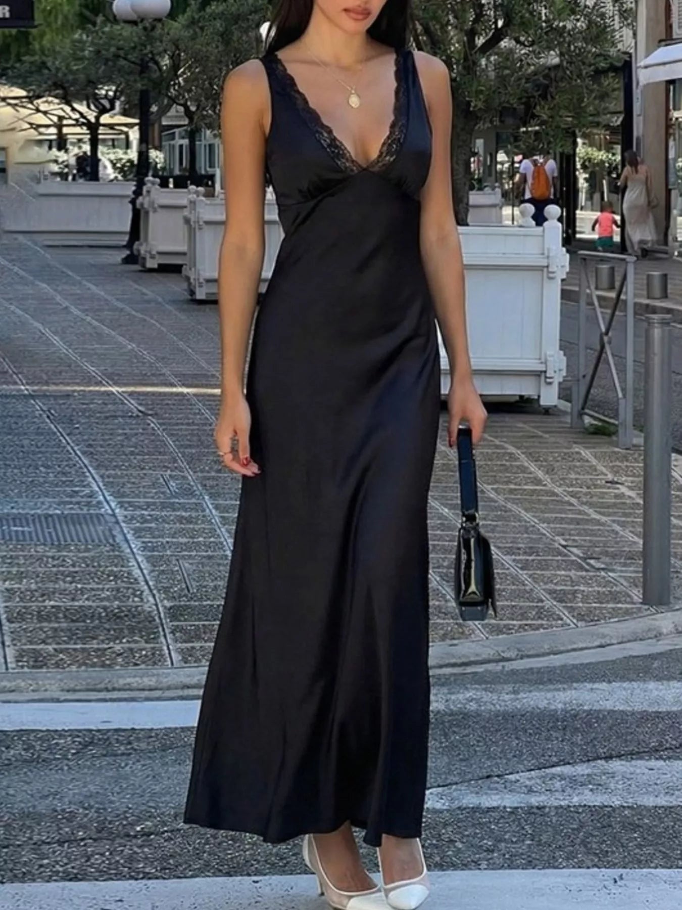 Lace Trim V-Neck Sleeveless Maxi Dress