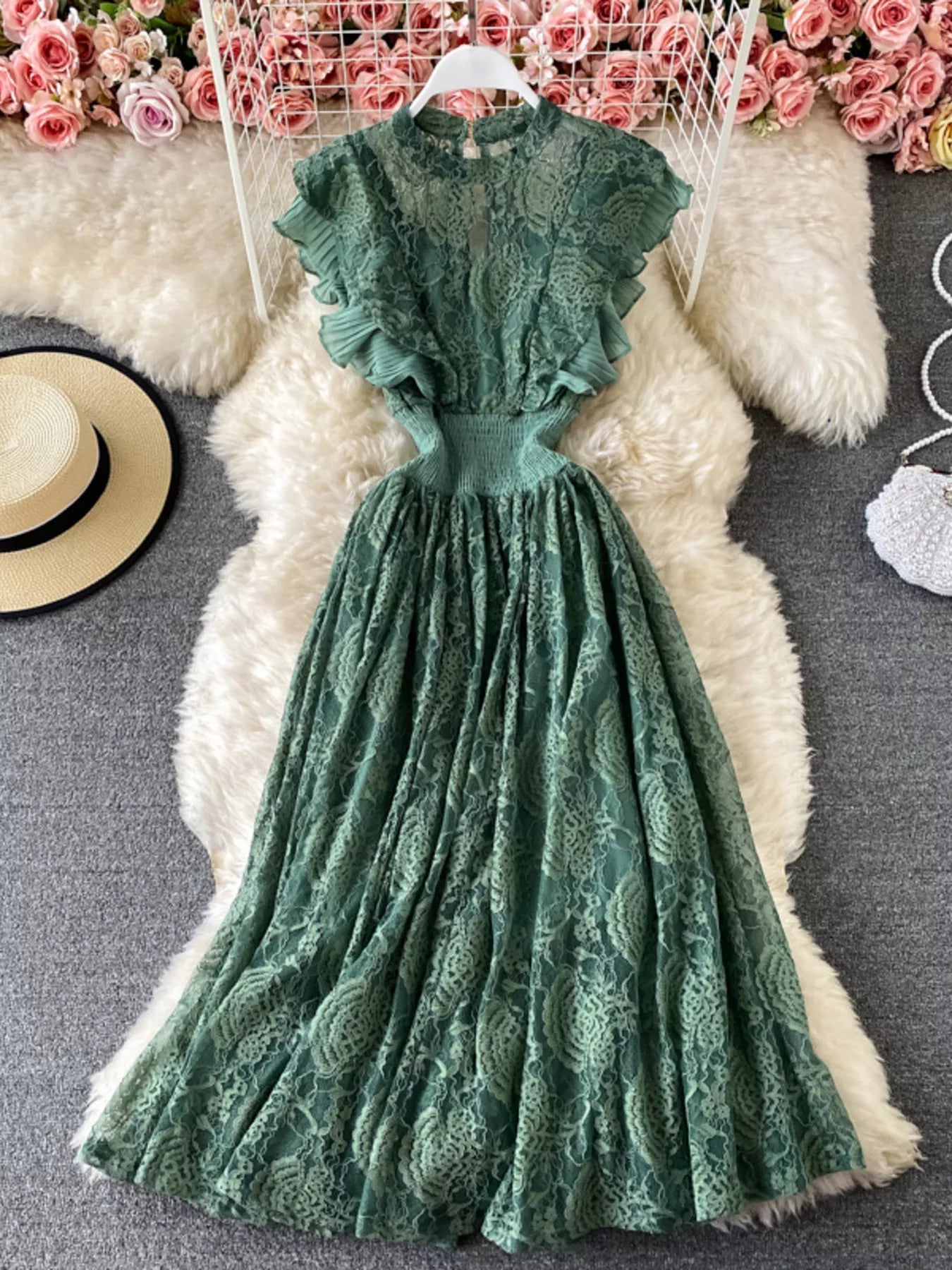 Ruffled Mock Neck Lace Maxi Dress