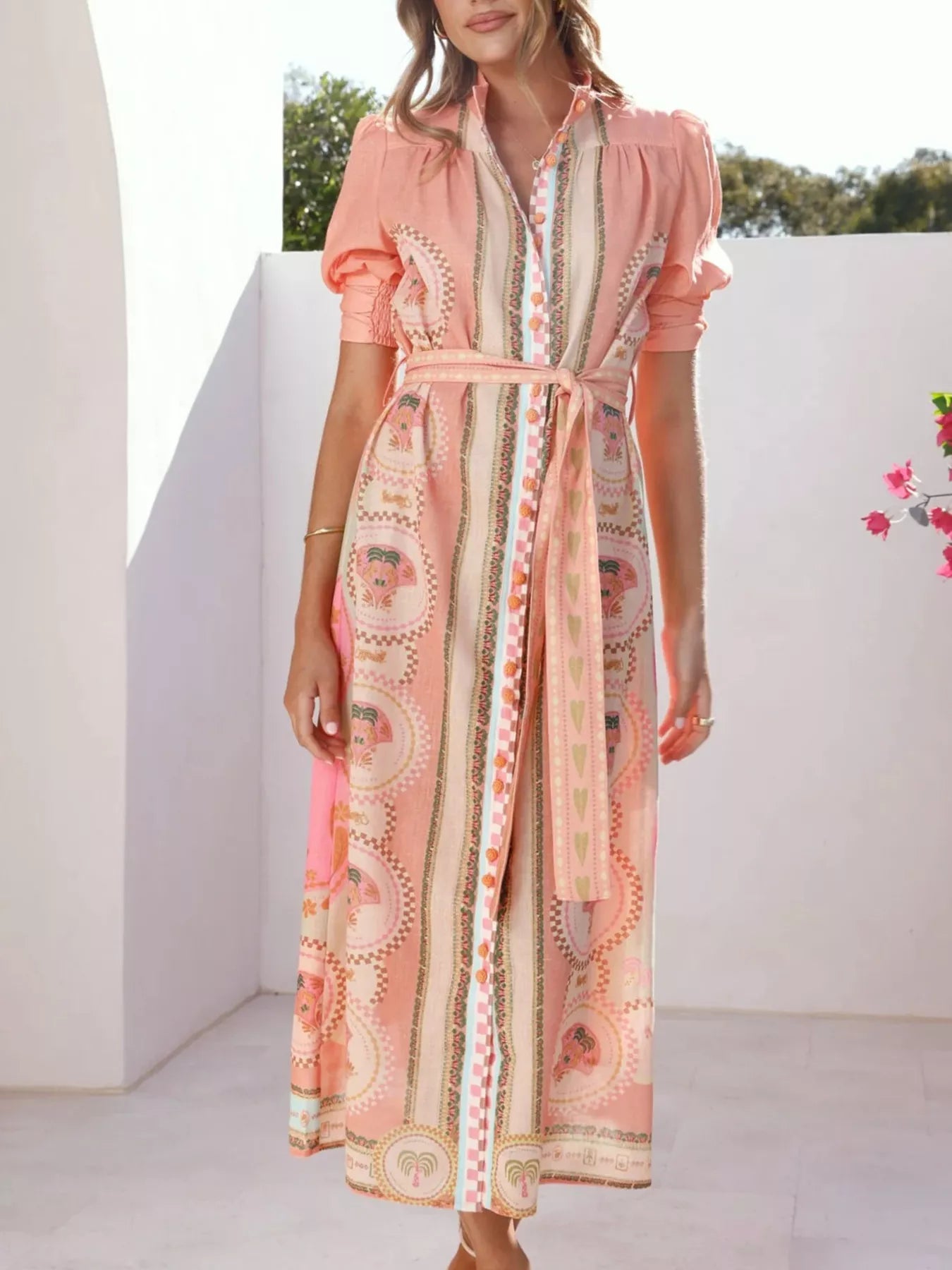 Printed Puff Sleeve Tie Waist Midi Dress