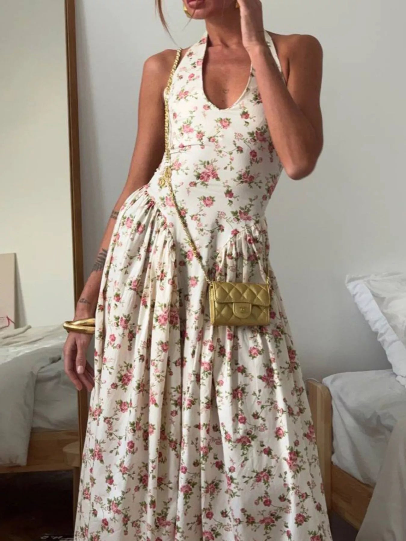 Floral Print Halter Neck Midi Dress