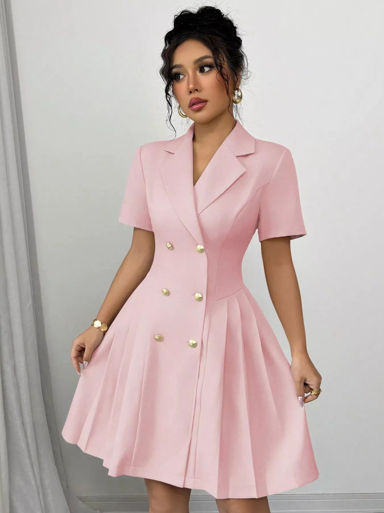 Double-Breasted Pleated Blazer Dress