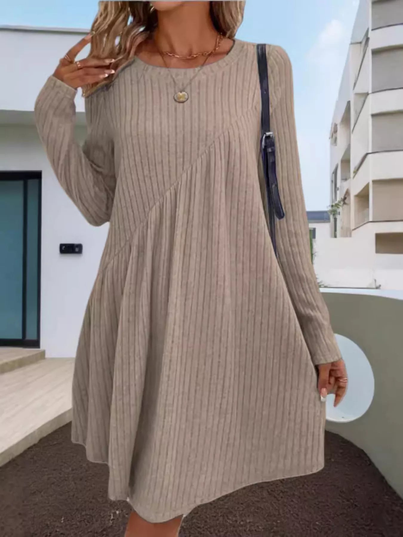 Casual Ribbed Knit Long Sleeve Swing Dress